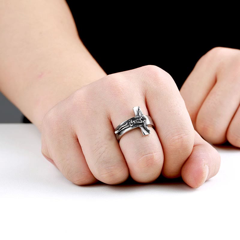 Christianartworkshop Vintage Crucifix Relief Stainless Steel Ring: Strength Through Sacred Sacrifice - image 3