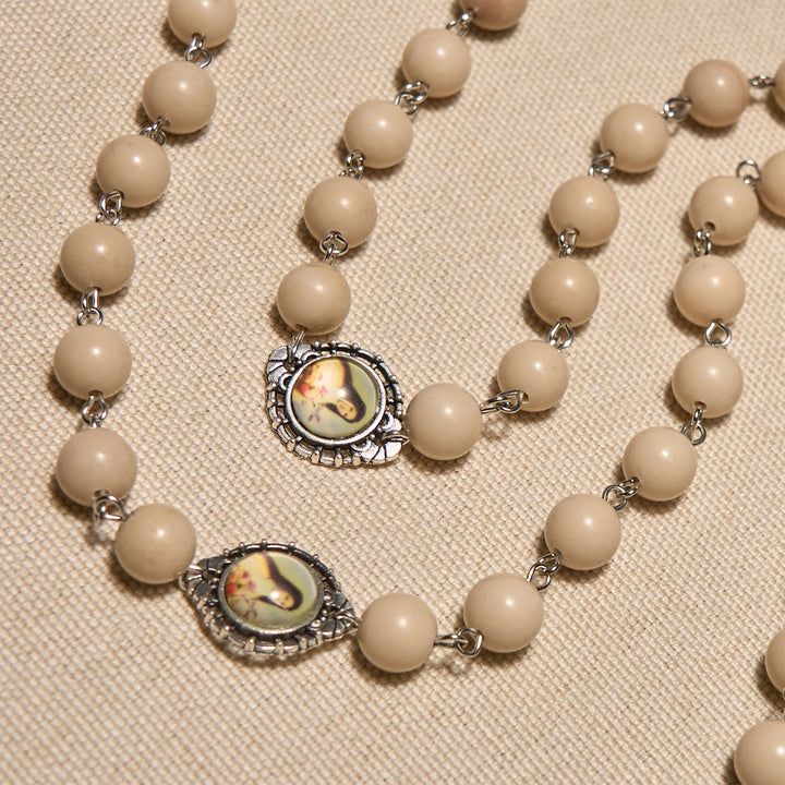 Christianartworkshop Minimalist St. Therese & Miraculous Medal Rosary of Polished White Stone with Crucifix