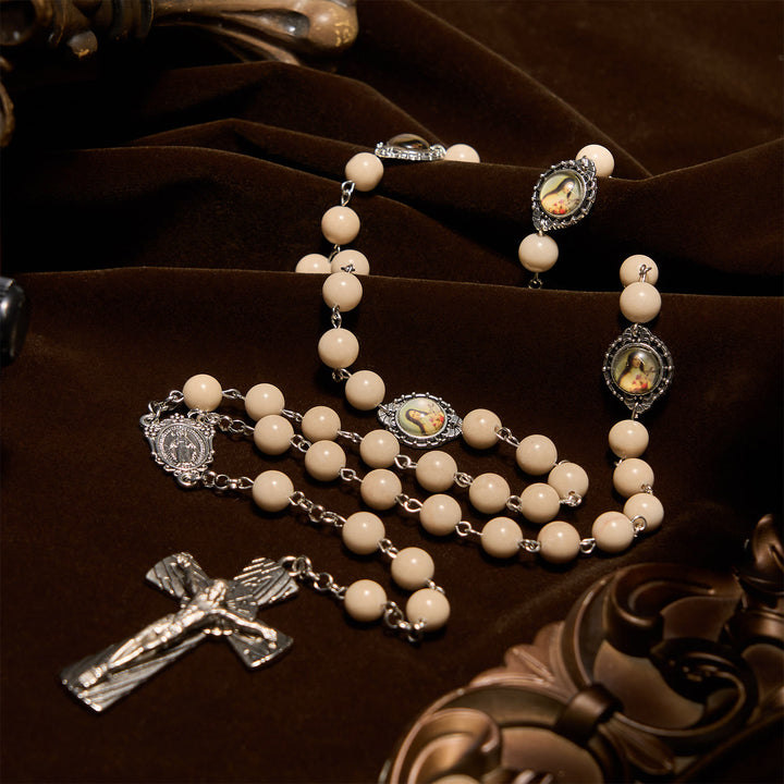 Christianartworkshop Minimalist St. Therese & Miraculous Medal Rosary of Polished White Stone with Crucifix