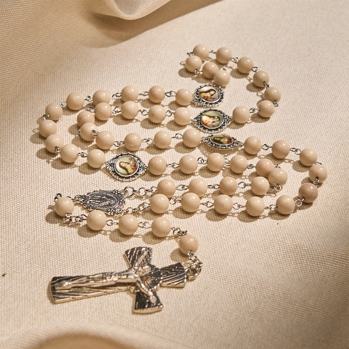 Christianartworkshop Minimalist St. Therese & Miraculous Medal Rosary of Polished White Stone with Crucifix