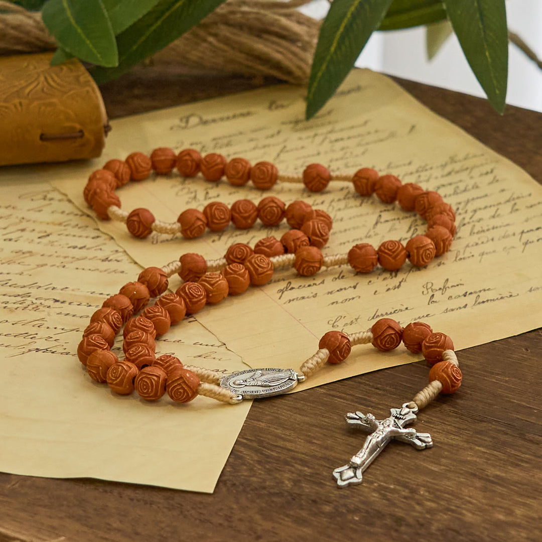 Christianartworkshop Carved Amber Floral Rose Beads Rosary with Miraculous Medal: Bloom of Devotion