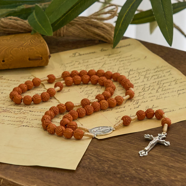 Christianartworkshop Carved Amber Floral Rose Beads Rosary with Miraculous Medal: Bloom of Devotion