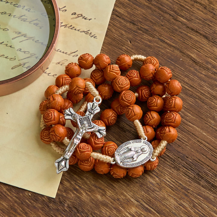 Christianartworkshop Carved Amber Floral Rose Beads Rosary with Miraculous Medal: Bloom of Devotion