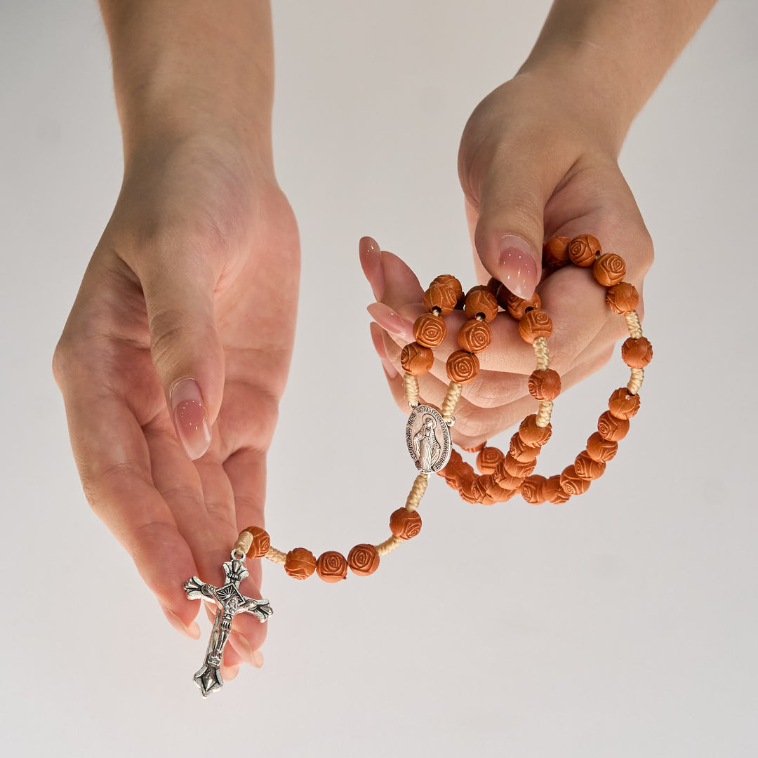 Christianartworkshop Carved Amber Floral Rose Beads Rosary with Miraculous Medal: Bloom of Devotion