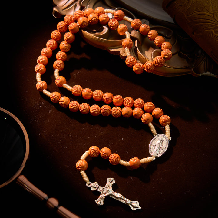 Christianartworkshop Carved Amber Floral Rose Beads Rosary with Miraculous Medal: Bloom of Devotion