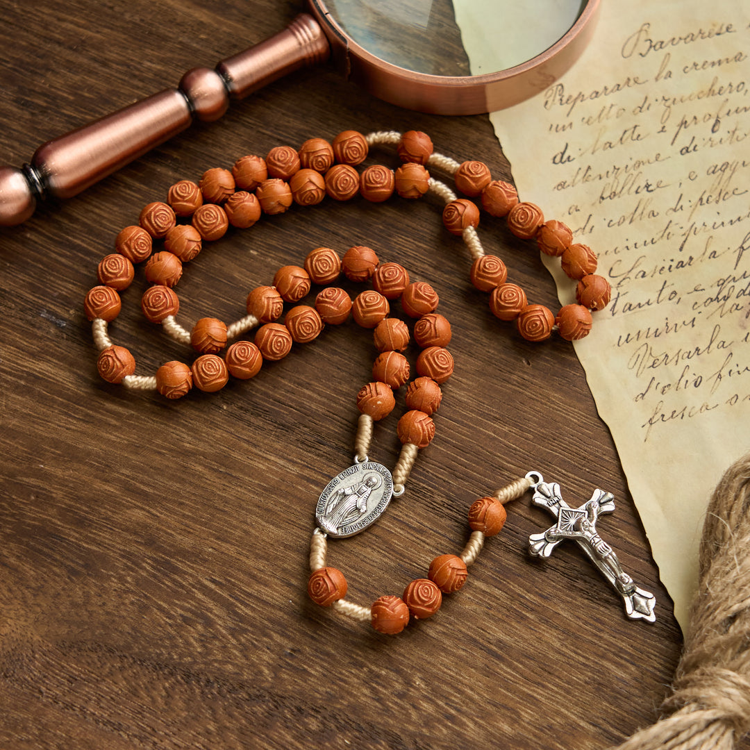 Christianartworkshop Carved Amber Floral Rose Beads Rosary with Miraculous Medal: Bloom of Devotion