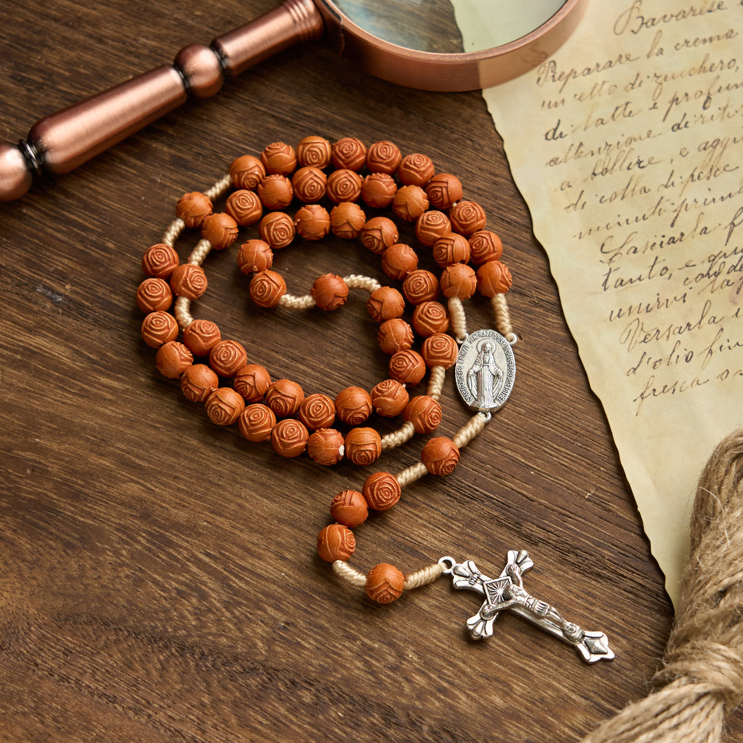 Christianartworkshop Carved Amber Floral Rose Beads Rosary with Miraculous Medal: Bloom of Devotion
