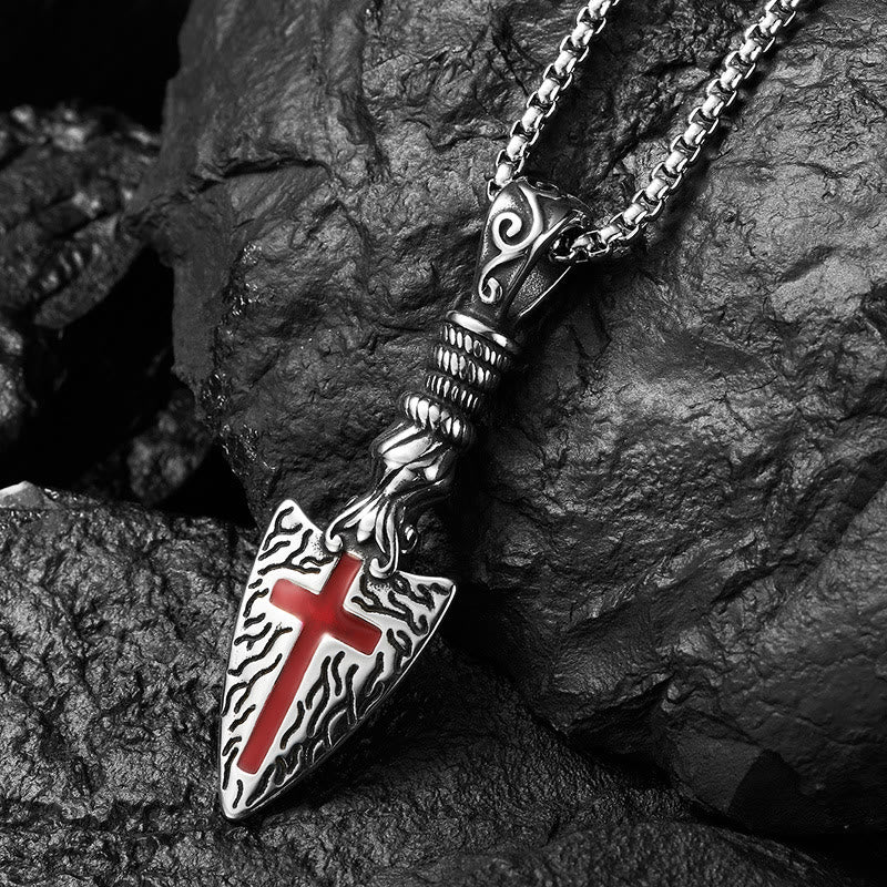 Christianartworkshop Red Cross Spearhead Necklace with Baroque Elements with Vintage Scroll Pattern - Cross - image 1