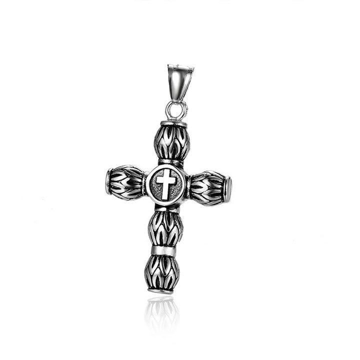 Christianartworkshop Flame-Pattern Thick Cylinder Cross Necklace with Raised Center Emblem - image 7