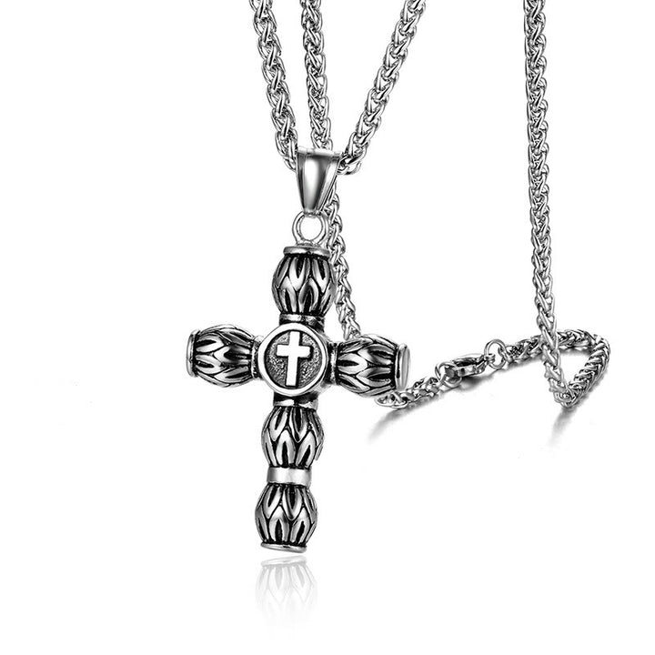 Christianartworkshop Flame-Pattern Thick Cylinder Cross Necklace with Raised Center Emblem - image 6