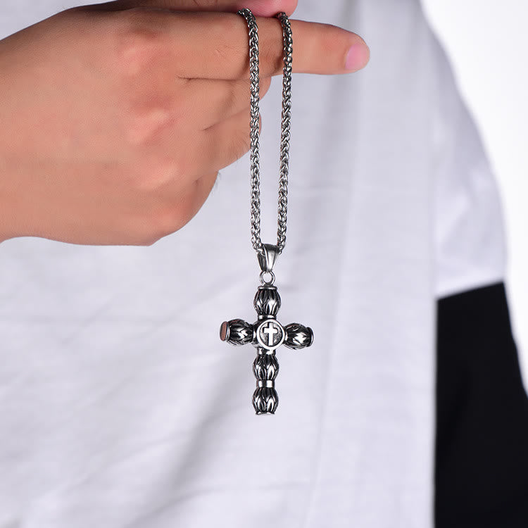Christianartworkshop Flame-Pattern Thick Cylinder Cross Necklace with Raised Center Emblem - image 5
