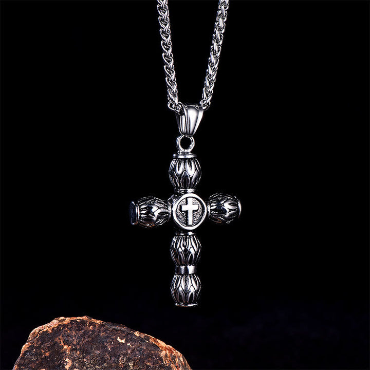 Christianartworkshop Flame-Pattern Thick Cylinder Cross Necklace with Raised Center Emblem - image 4