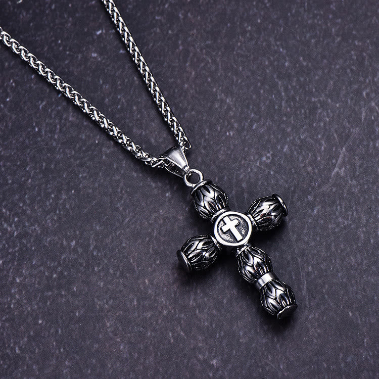 Christianartworkshop Flame-Pattern Thick Cylinder Cross Necklace with Raised Center Emblem - image 3