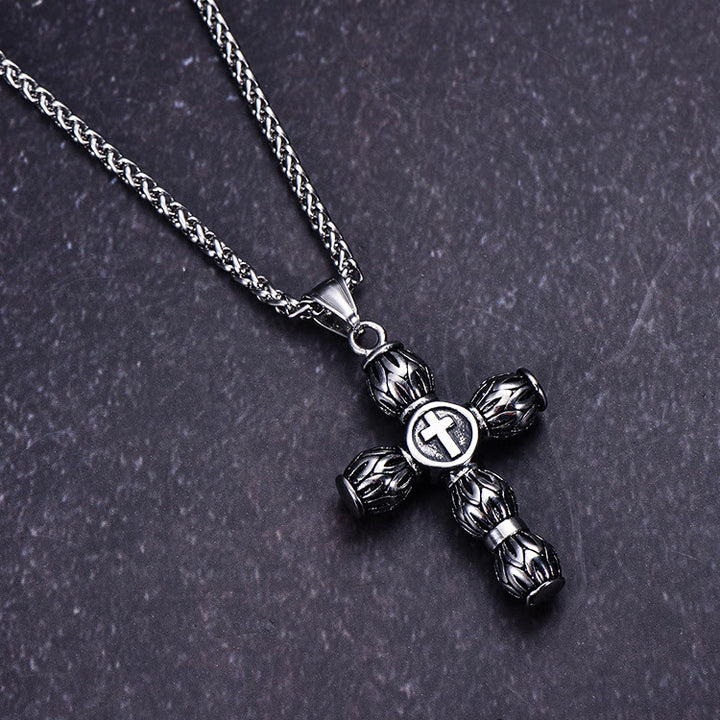 Christianartworkshop Flame-Pattern Thick Cylinder Cross Necklace with Raised Center Emblem - image 3