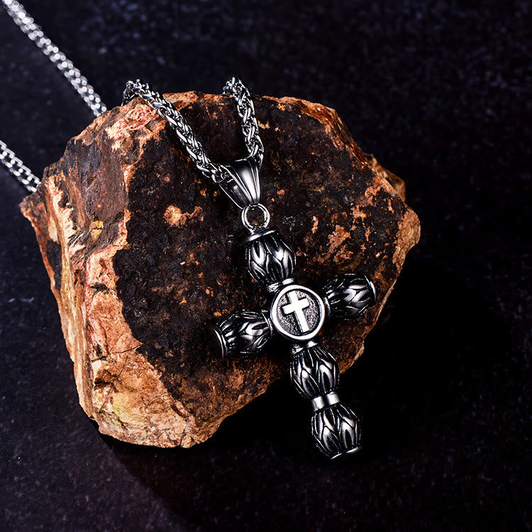 Christianartworkshop Flame-Pattern Thick Cylinder Cross Necklace with Raised Center Emblem - image 2