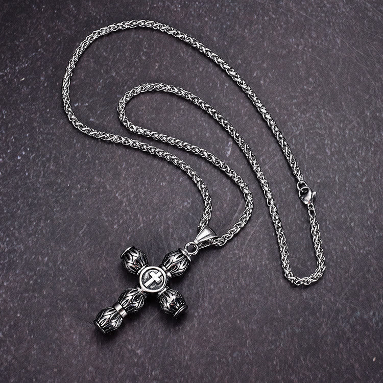 Christianartworkshop Flame-Pattern Thick Cylinder Cross Necklace with Raised Center Emblem - Cross - image 1