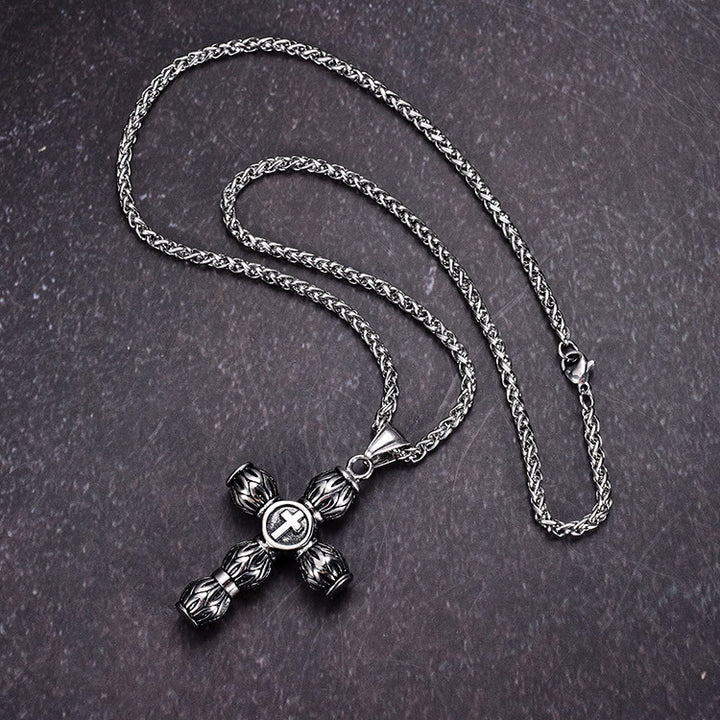 Christianartworkshop Flame-Pattern Thick Cylinder Cross Necklace with Raised Center Emblem - Cross - image 1