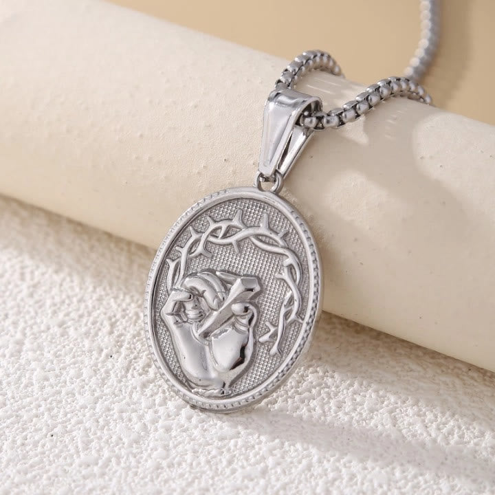 Christianartworkshop Classic Three-Tone Engraved Oval Pendant with Jesus Holy Hand & Thorn Crown - Silver - image 3