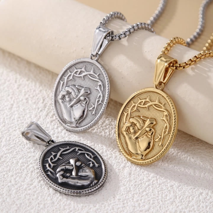 Christianartworkshop Classic Three-Tone Engraved Oval Pendant with Jesus Holy Hand & Thorn Crown - Golden - image 1