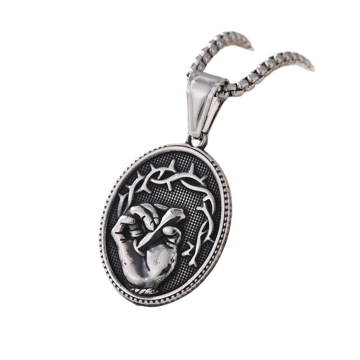 Christianartworkshop Classic Three-Tone Engraved Oval Pendant with Jesus Holy Hand & Thorn Crown - image 5