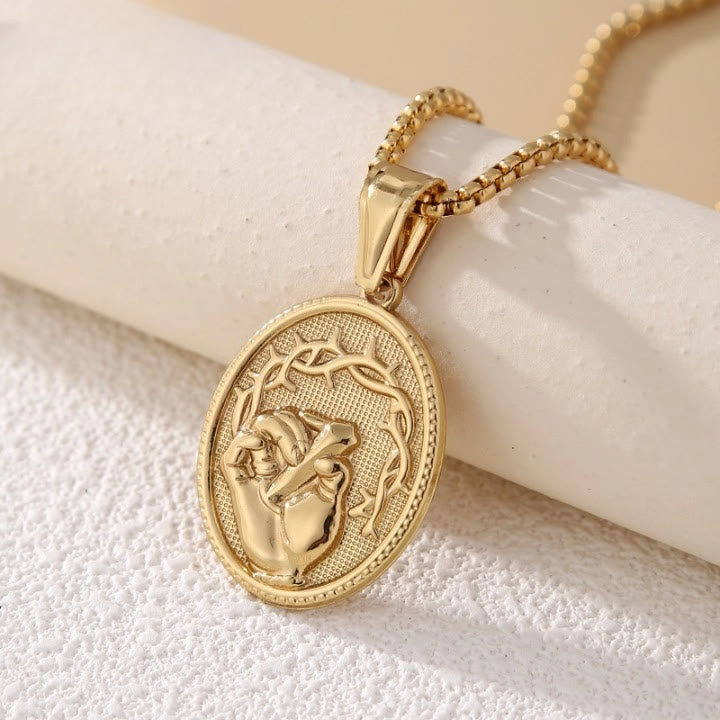 Christianartworkshop Classic Three-Tone Engraved Oval Pendant with Jesus Holy Hand & Thorn Crown - image 2