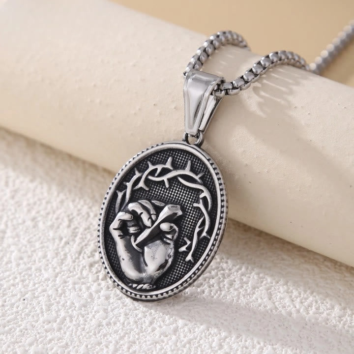 Christianartworkshop Classic Three-Tone Engraved Oval Pendant with Jesus Holy Hand & Thorn Crown - Black - image 4