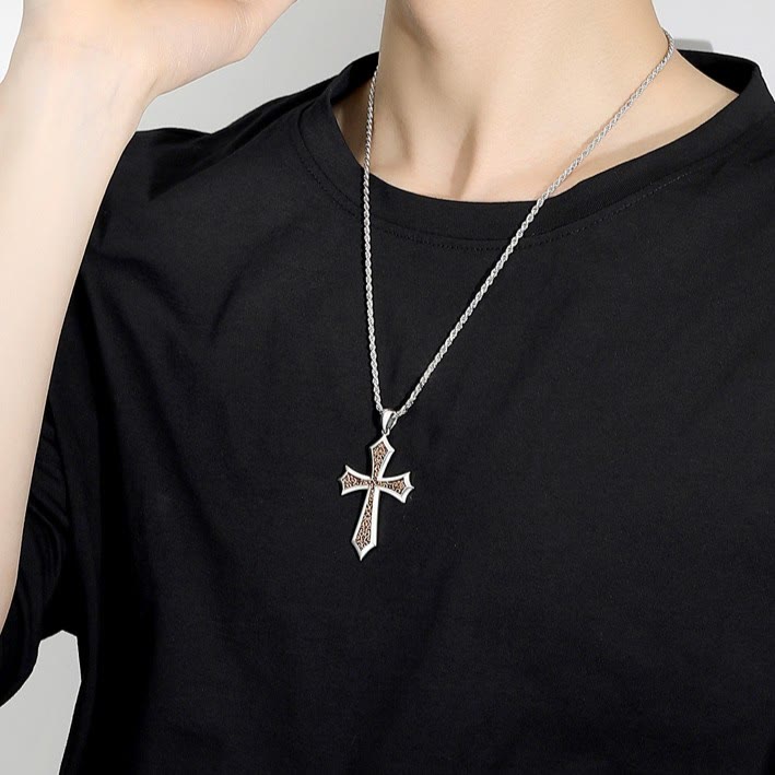 Christianartworkshop S925 Sharp Edge Cross Necklace with Vintage Amber Baroque Scroll Accents - image 3
