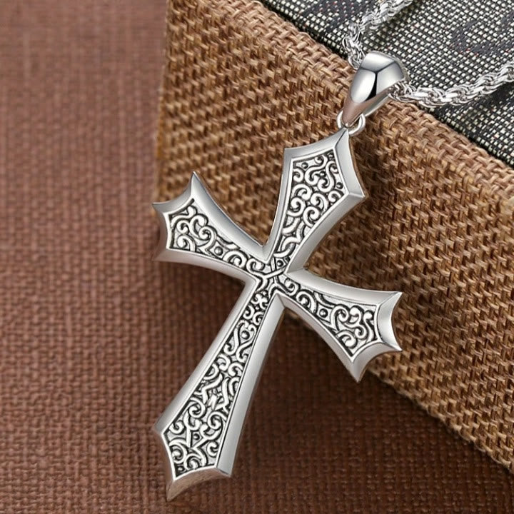 Christianartworkshop S925 Sharp Edge Cross Necklace with Vintage Amber Baroque Scroll Accents - image 4