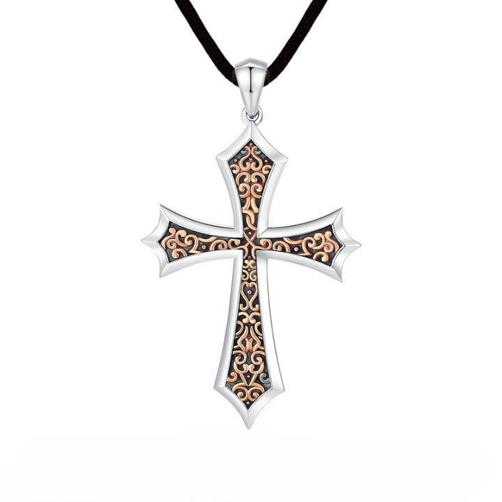 Christianartworkshop S925 Sharp Edge Cross Necklace with Vintage Amber Baroque Scroll Accents - image 5