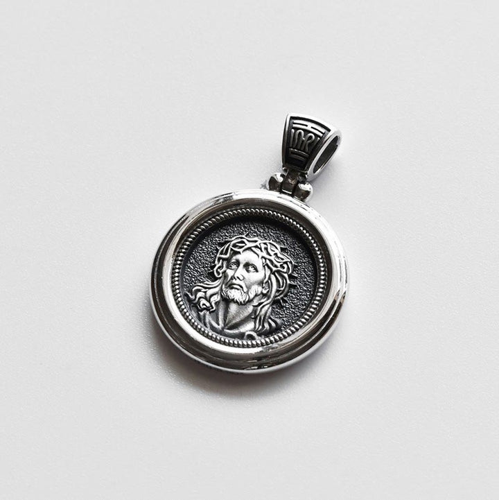 Christianartworkshop Sterling Dual-Face Medal Necklace with Crown of Thorns & Our Lady of Sorrows - Our Lady & Jesus - image 1