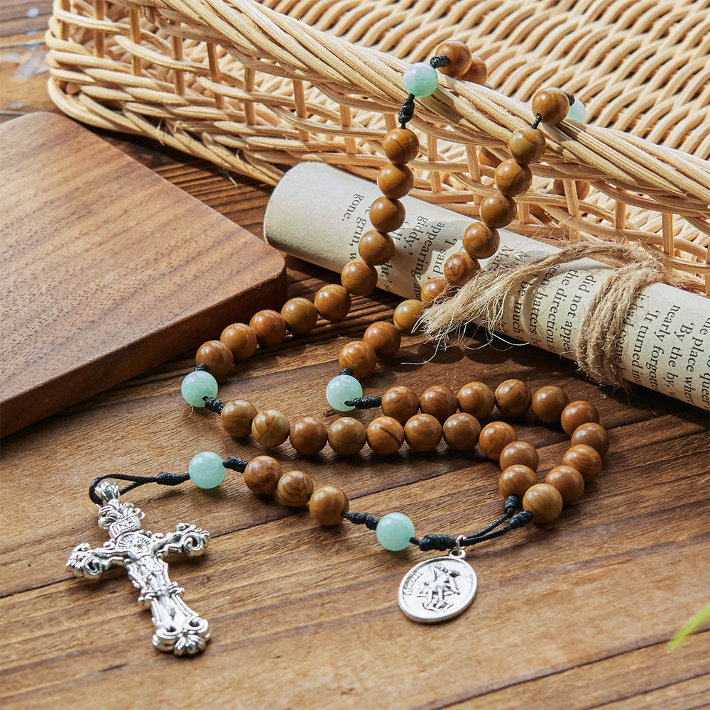 Christianartworkshop Minimalist Mint and Brown Beads Rosary with St. Michael Medal & INRI Cross - image 2