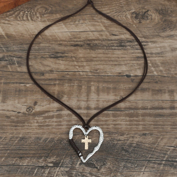 Christianartworkshop Bohemian Textured Heart Frame Necklace with Cross Charm and Leather Cord  - image 5