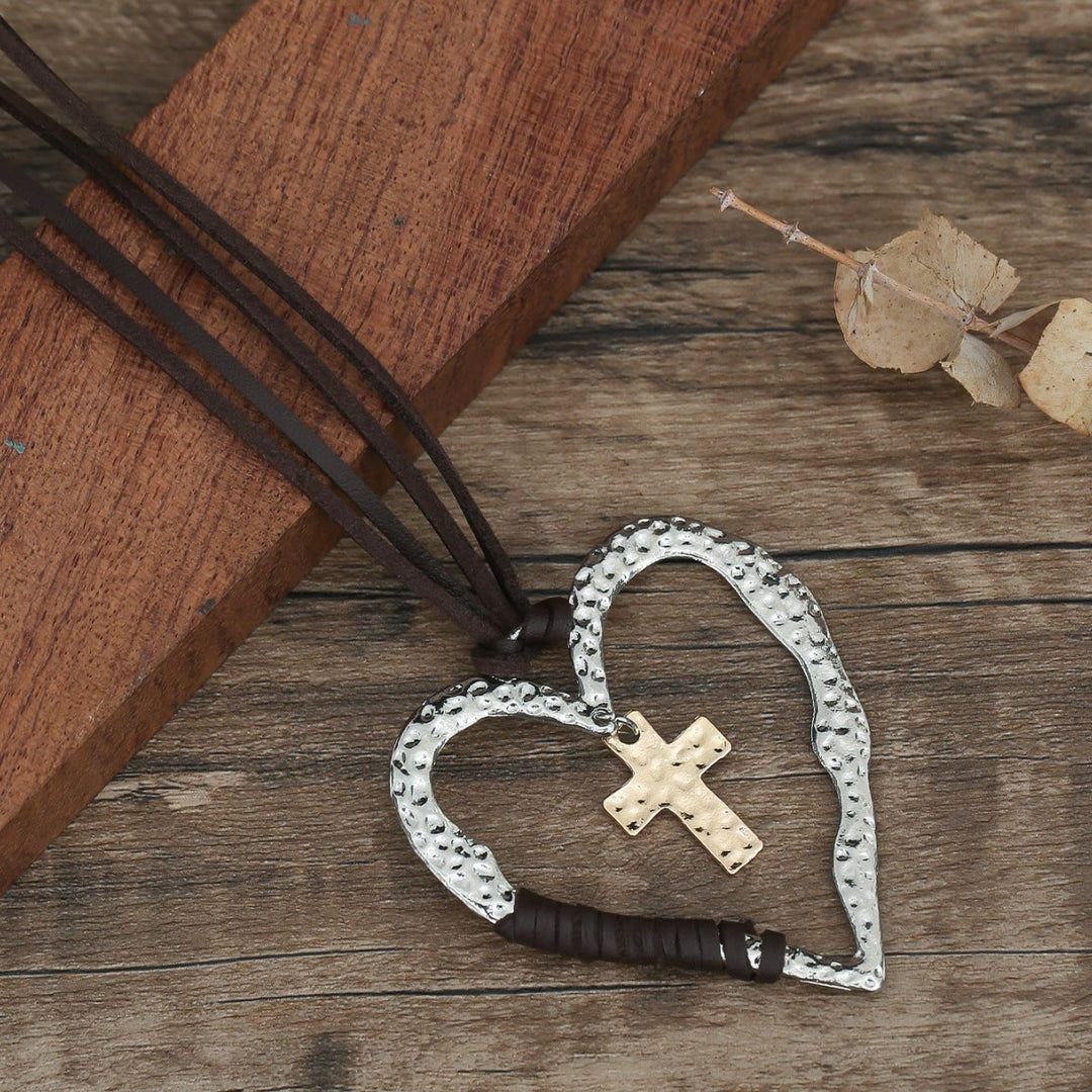 Christianartworkshop Bohemian Textured Heart Frame Necklace with Cross Charm and Leather Cord  - image 3