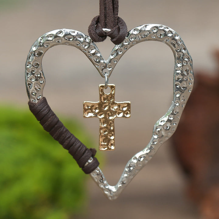 Christianartworkshop Bohemian Textured Heart Frame Necklace with Cross Charm and Leather Cord  - image 4