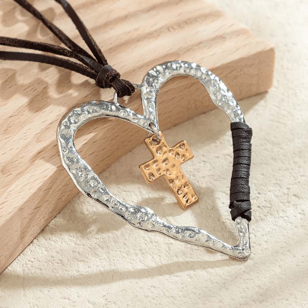 Christianartworkshop Bohemian Textured Heart Frame Necklace with Cross Charm and Leather Cord  - image 2