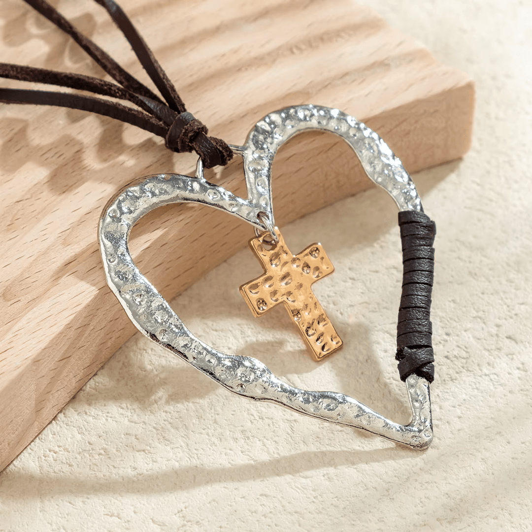 Christianartworkshop Bohemian Textured Heart Frame Necklace with Cross Charm and Leather Cord  - image 2