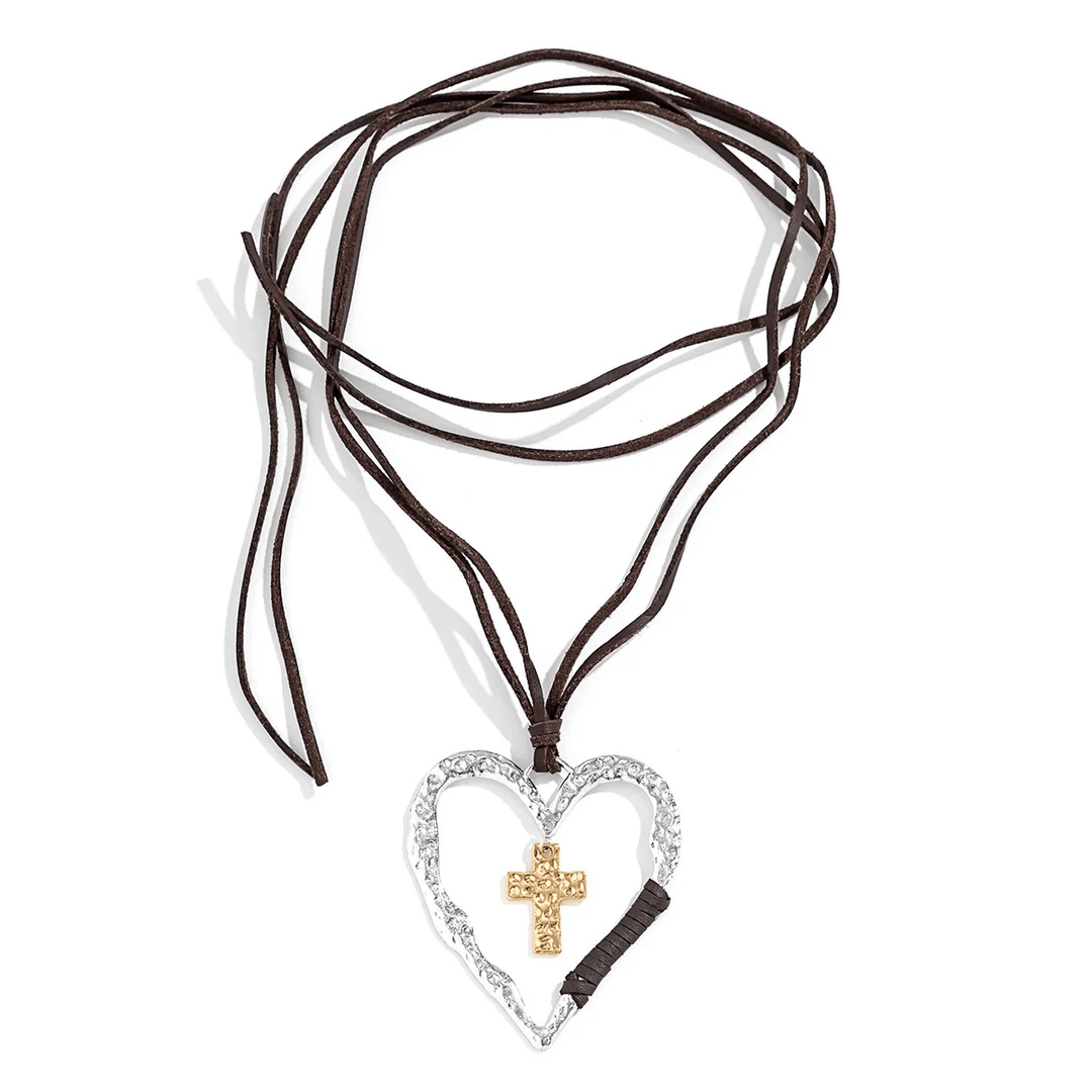 Christianartworkshop Bohemian Textured Heart Frame Necklace with Cross Charm and Leather Cord  - image 6