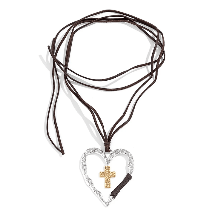 Christianartworkshop Bohemian Textured Heart Frame Necklace with Cross Charm and Leather Cord  - image 6