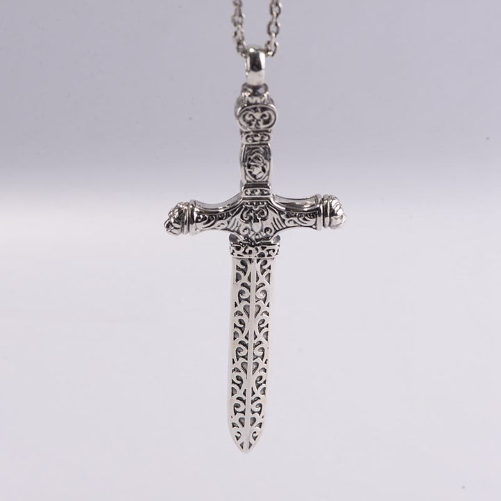 Christianartworkshop Vintage Sterling Silver Sword Cross Sacred Necklace with Medieval Etchings - image 4