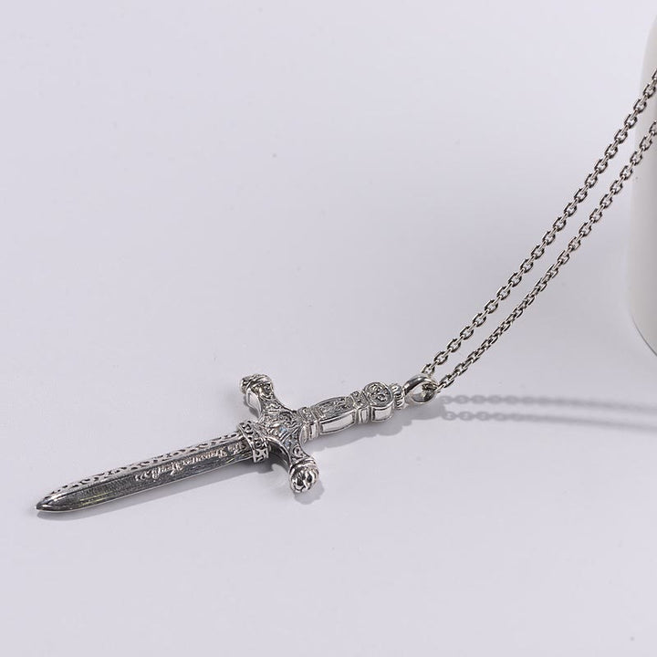Christianartworkshop Vintage Sterling Silver Sword Cross Sacred Necklace with Medieval Etchings - image 6