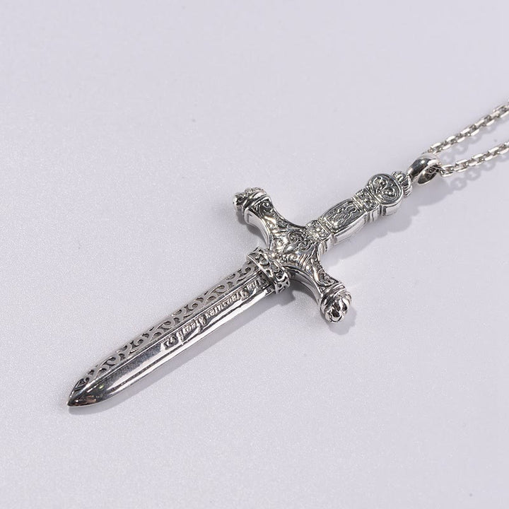 Christianartworkshop Vintage Sterling Silver Sword Cross Sacred Necklace with Medieval Etchings - image 5