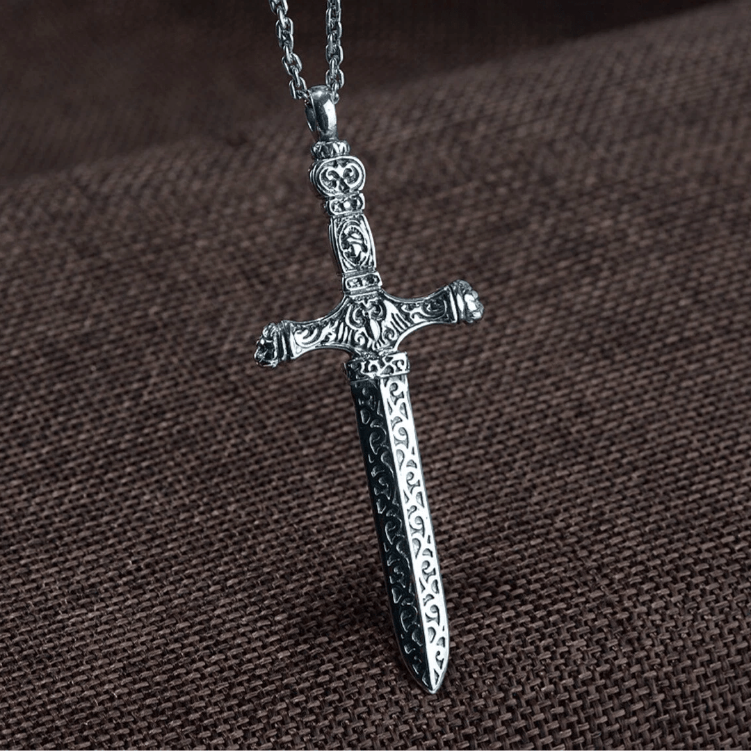 Christianartworkshop Vintage Sterling Silver Sword Cross Sacred Necklace with Medieval Etchings - image 2