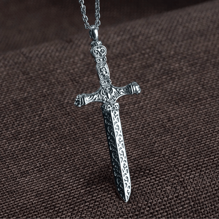 Christianartworkshop Vintage Sterling Silver Sword Cross Sacred Necklace with Medieval Etchings - image 2