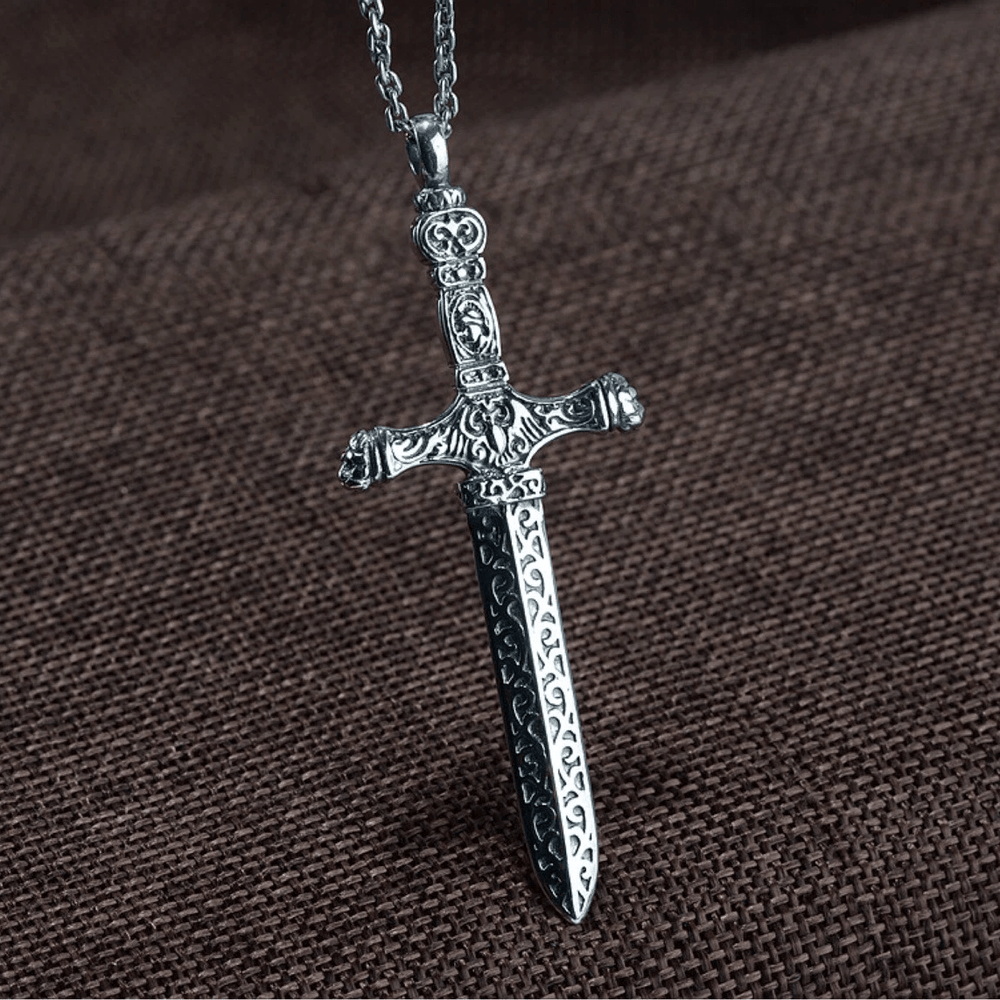 Christianartworkshop Vintage Sterling Silver Sword Cross Sacred Necklace with Medieval Etchings - image 1