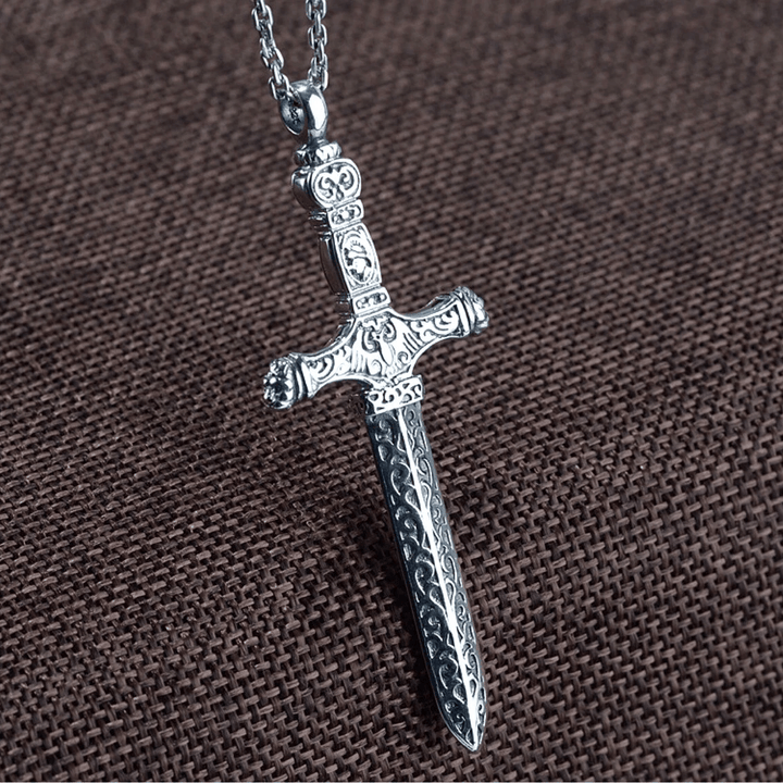 Christianartworkshop Vintage Sterling Silver Sword Cross Sacred Necklace with Medieval Etchings - image 3