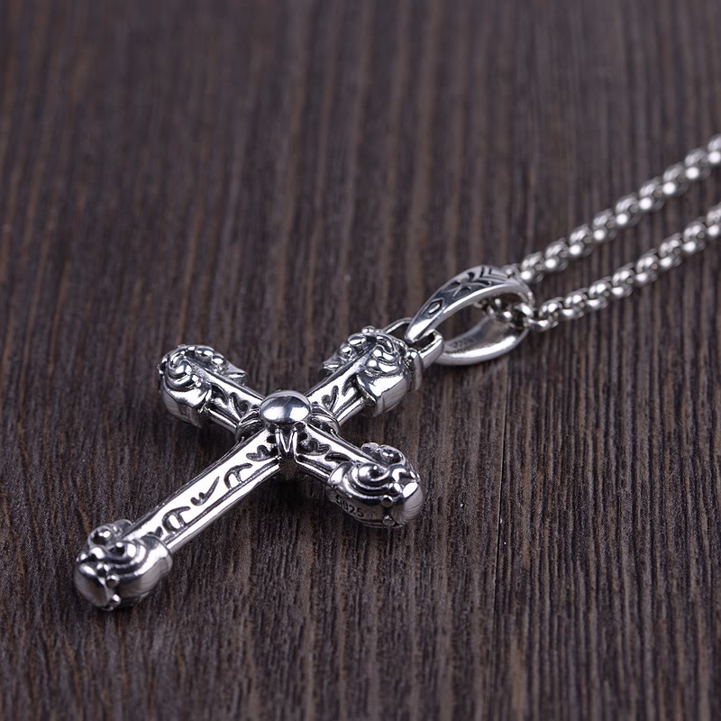 Christianartworkshop Thick Solid Sterling Silver Ornate Sword Cross Necklace with Gothic Scrolls - image 5
