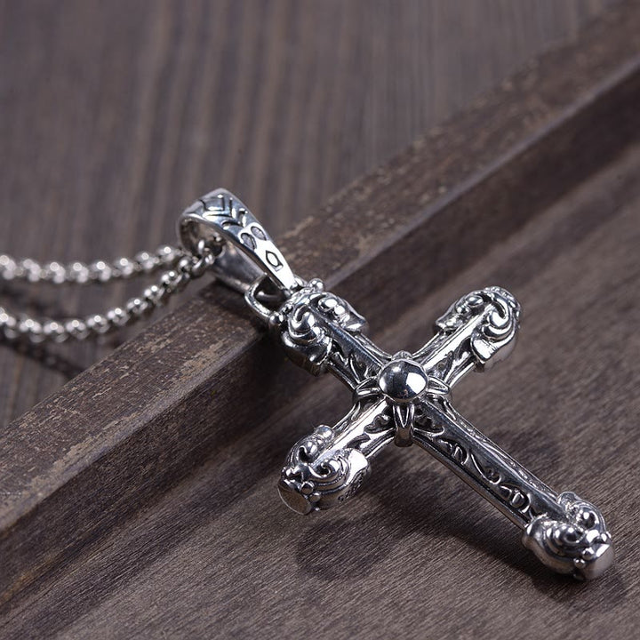 Christianartworkshop Thick Solid Sterling Silver Ornate Sword Cross Necklace with Gothic Scrolls - image 3