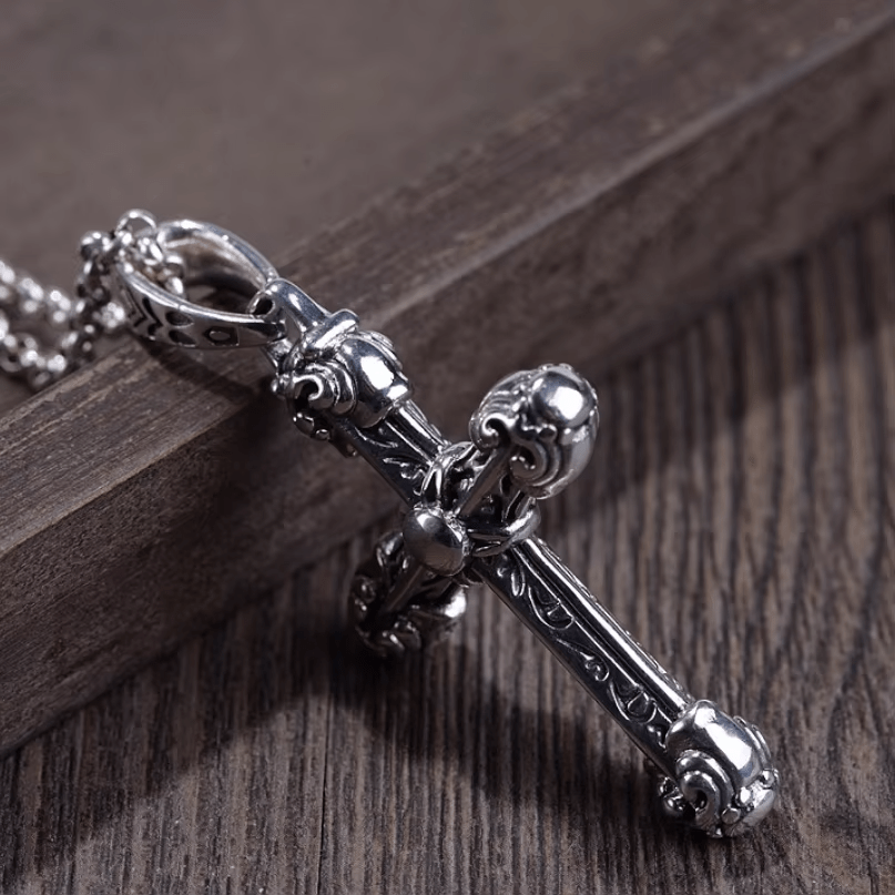 Christianartworkshop Thick Solid Sterling Silver Ornate Sword Cross Necklace with Gothic Scrolls - image 4
