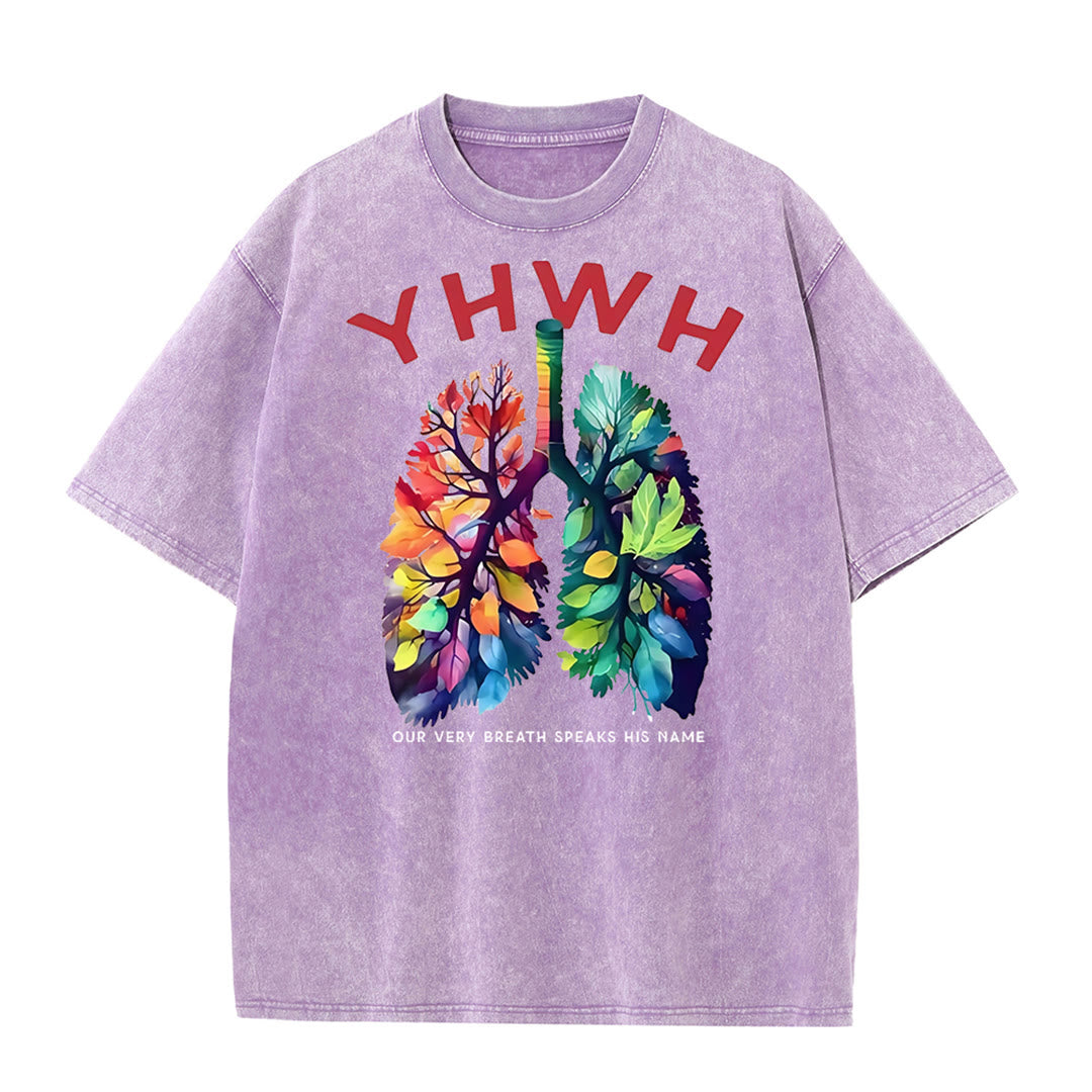 Christianartworkshop YHWH Leaf-Shaped Colorful Lungs Christian Washed T-shirt - Purple - 5XL - image 1