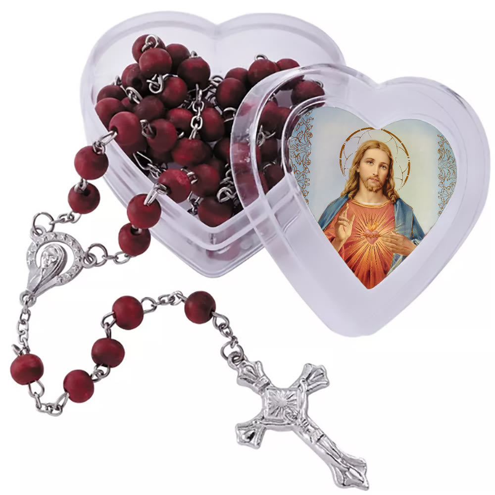 Christianartworkshop Sacred Heart of Jesus Wine Red Beads Rosary with Heart-Shaped Box - Jesus & Crucifix - image 1